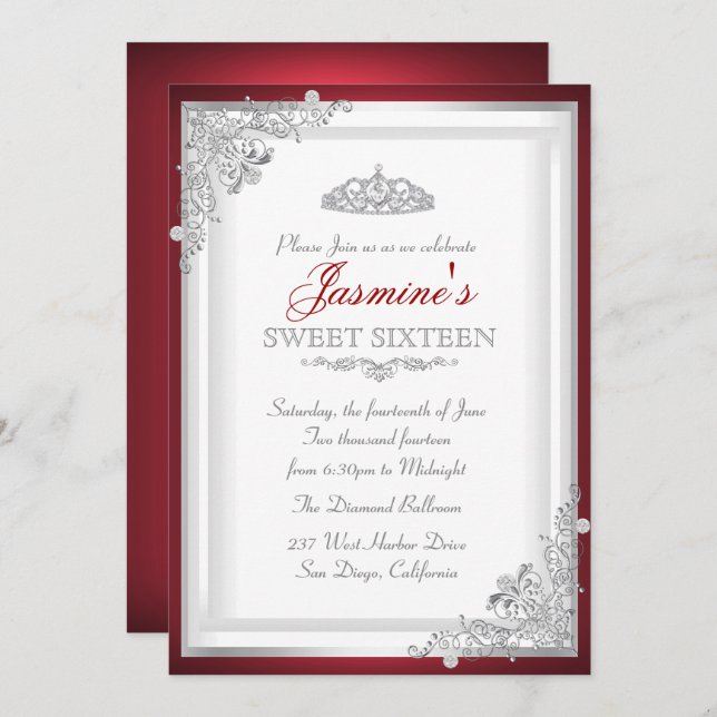 Red Silver Damask Tiara Sweet 16 Invitation (Front/Back)