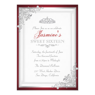 Red Silver Damask & Tiara Sweet 16 Invitation