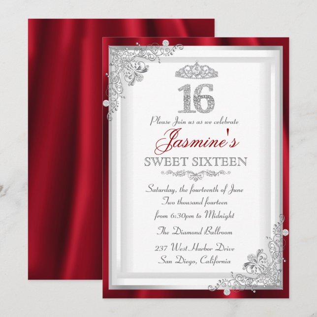 Red Silver Diamond Damask Tiara Sweet 16 Invite (Front/Back)