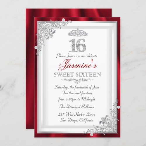 Red Silver Diamond Damask Tiara Sweet 16 Invite