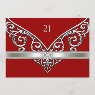 Red Silver Diamond Swirls 21st Birthday Party Invitation