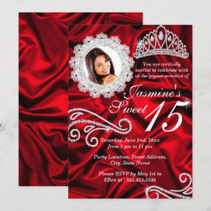Red Silver Diamond Tiara Photo Quinceanera Invitation