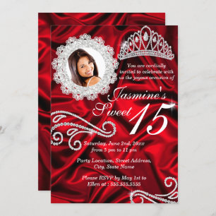 Red Silver Diamond Tiara Photo Quinceanera Invitation