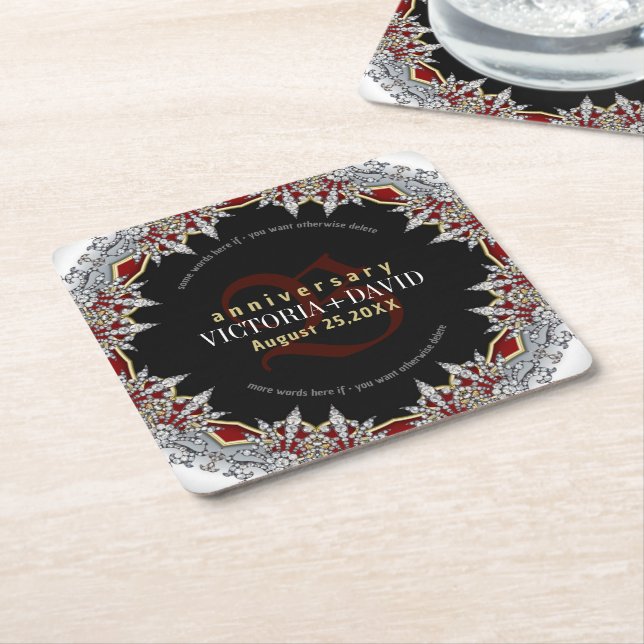 Red Silver Diamonds Wedding Anniversary Box Square Paper Coaster (Angled)
