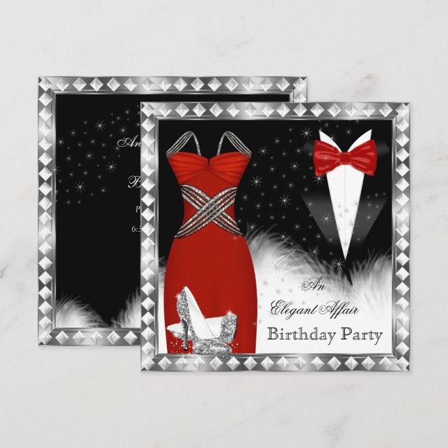 Red Silver Dress Black Tie Birthday Party 2 Invitation (Front/Back)