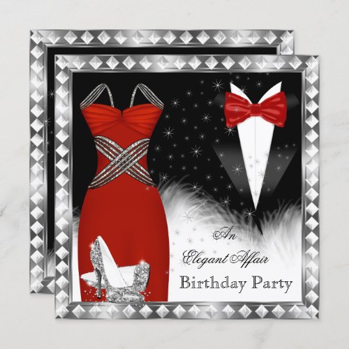 Red Silver Dress Black Tie Birthday Party 2 Invitation
