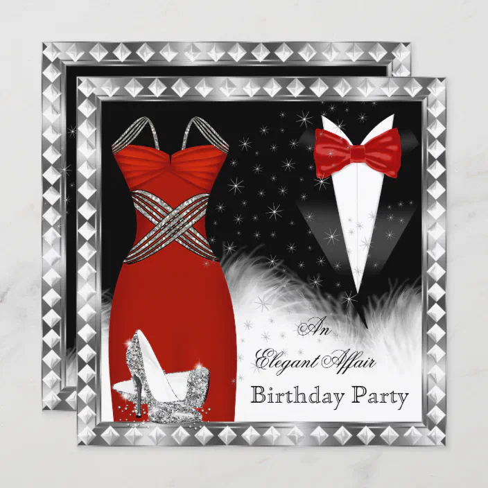 Red Black Silver Diamond 40Th Birthday Party Personalised Invitations