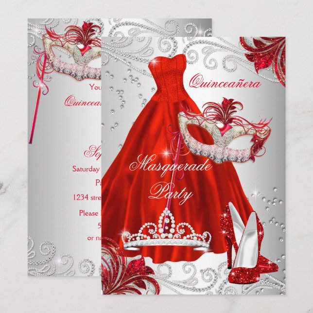 Red Silver Dress masquerade Quinceanera mask Invitation (Front/Back)