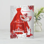Red Silver Dress masquerade Quinceanera mask Invitation (Standing Front)
