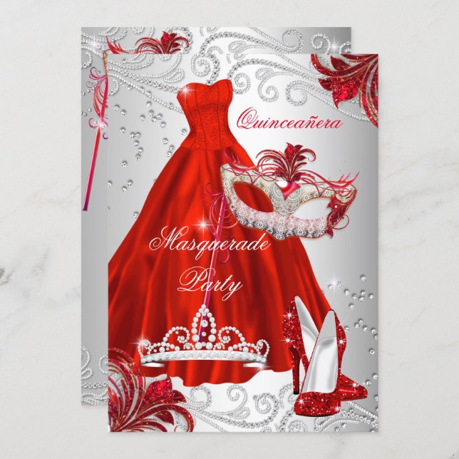 Red Silver Dress masquerade Quinceanera mask Invitation (Front/Back)