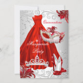 Red Silver Dress masquerade Quinceanera mask Invitation (Front)