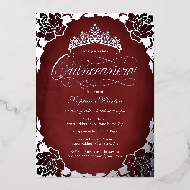 Red Silver Elegant Script Rose Quinceanera  Foil Invitation (Front)