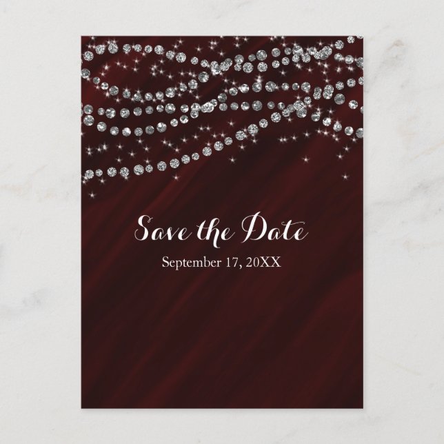 Red & Silver Faux Diamond Bling Save The Date Announcement Postcard (Front)