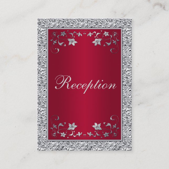 Red, Silver FAUX Foil Floral Enclosure Card (Front)