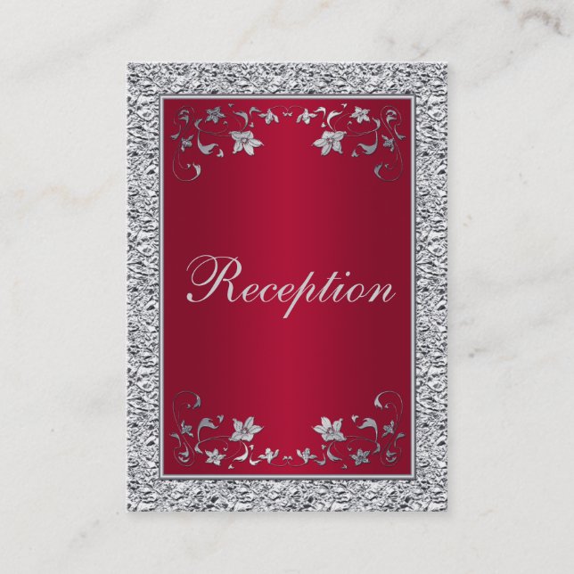 Red, Silver FAUX Foil Floral Enclosure Card (Front)