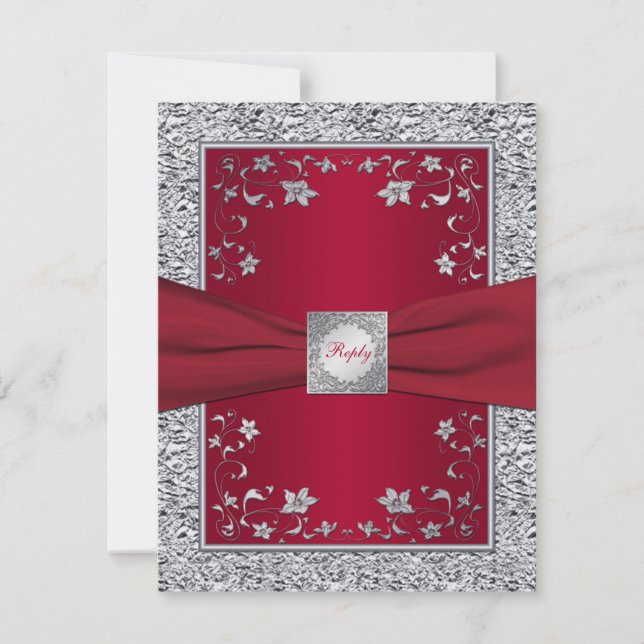 Red, Silver FAUX Foil Floral RSVP Card (Front)