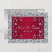 Red, Silver FAUX FOIL Floral Save the Date Card (Front/Back)