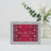 Red, Silver FAUX FOIL Floral Save the Date Card (Standing Front)