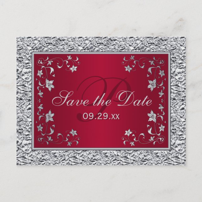 Red, Silver FAUX FOIL Floral Save the Date Card (Front)