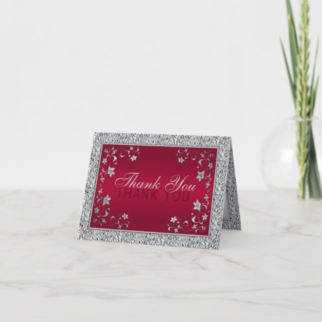 Red, Silver FAUX Foil Floral Thank You Card (Front)
