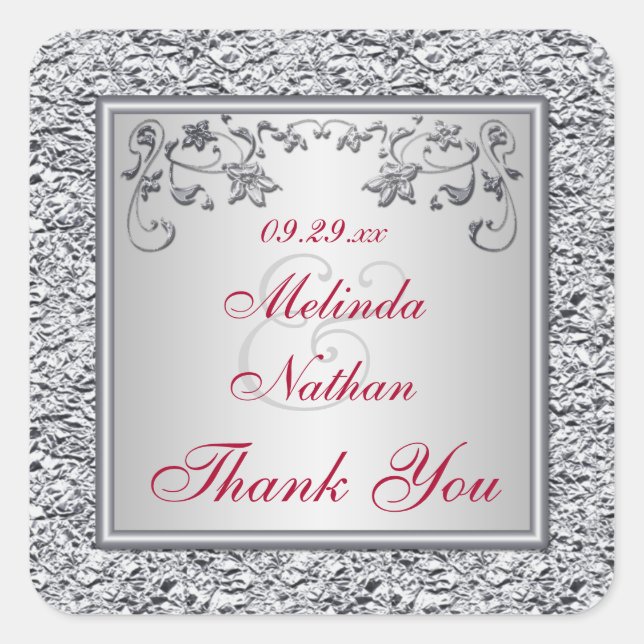 Red, Silver FAUX Foil Floral Wedding Favor Sticker (Front)