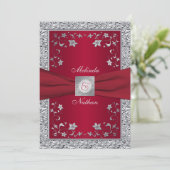 Red, Silver FAUX Foil Monogram Wedding Invitation (Standing Front)