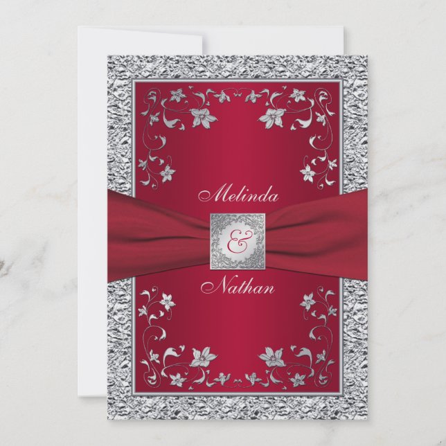 Red, Silver FAUX Foil Monogram Wedding Invitation (Front)