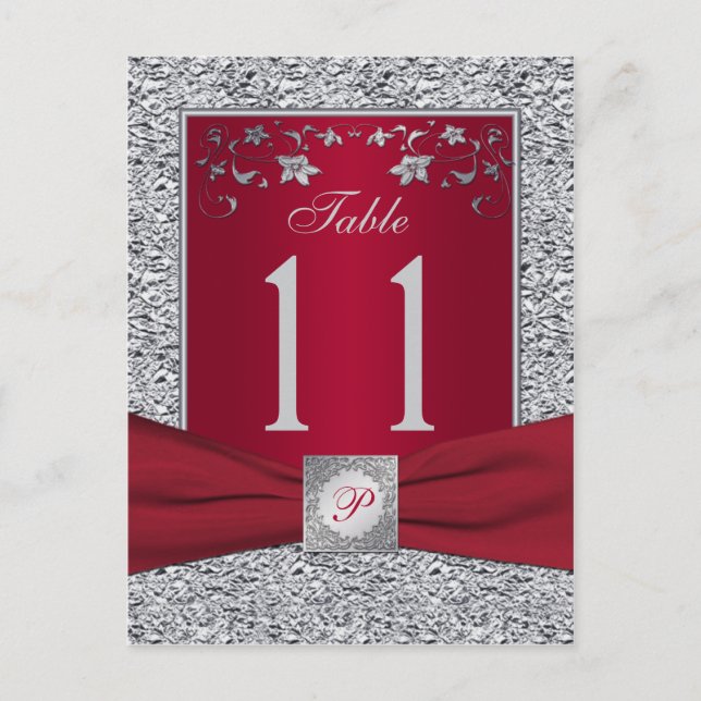 Red, Silver FAUX Foil Table Number Card (Front)