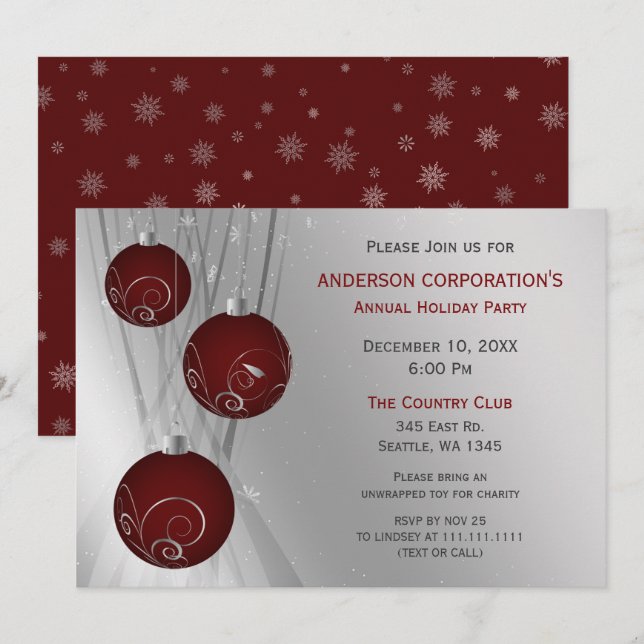 Red Silver Festive Corporate holiday party Invitation (Front/Back)