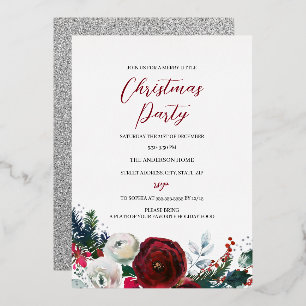 Red Silver Festive Foliage Christmas Party Foil Invitation