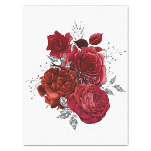 Red Silver Floral Bouquet Watercolor Decoupage Tissue Paper