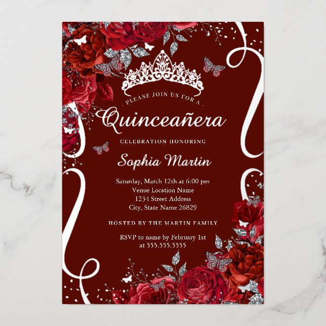 Red Silver Floral Butterfly Elegant Quinceanera  Foil Invitation (Front)