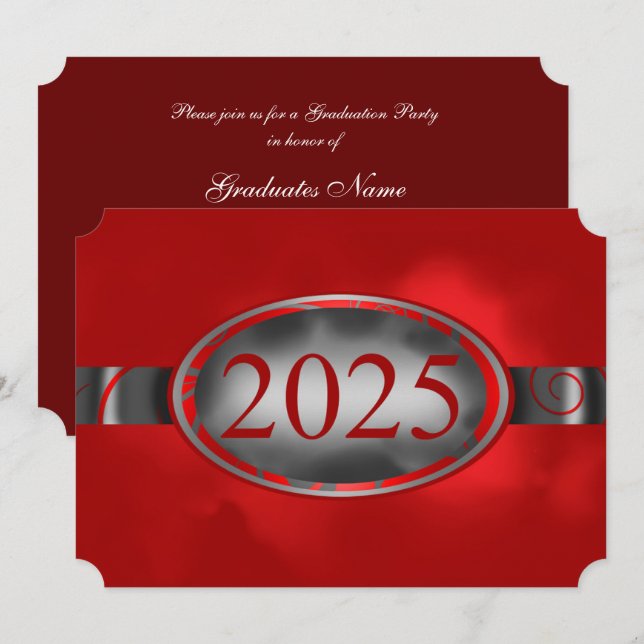 Red & Silver Floral Button 2025 Graduation Party Invitation (Front/Back)