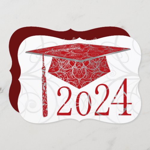 Red  Silver Floral Cap 2024 Graduation Party Invitation