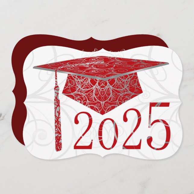 Red & Silver Floral Cap 2025 Graduation Party Invitation (Front/Back)