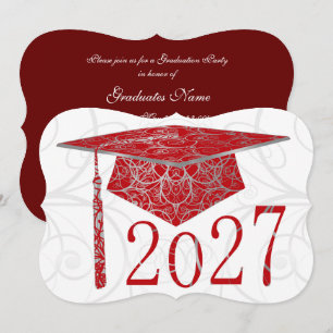Red & Silver Floral Cap 2027 Graduation Party Invitation