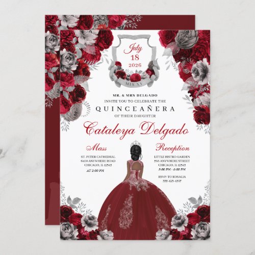 Red  Silver Floral Elegant Quinceaera Invitation