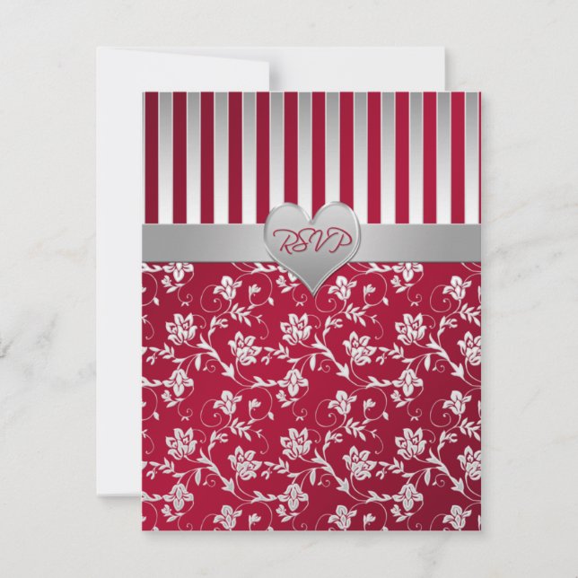 Red, Silver Floral Hearts Reply Card (Front)