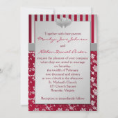 Red Silver Floral Hearts Striped Wedding Invite (Back)