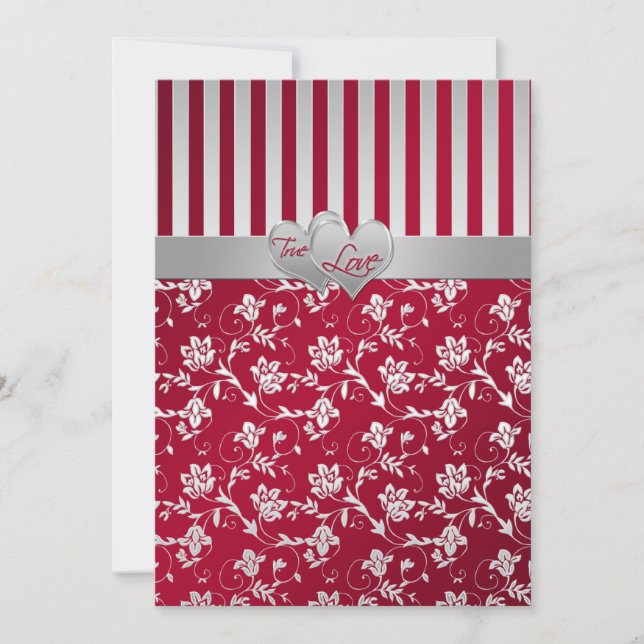 Red Silver Floral Hearts Striped Wedding Invite (Front)