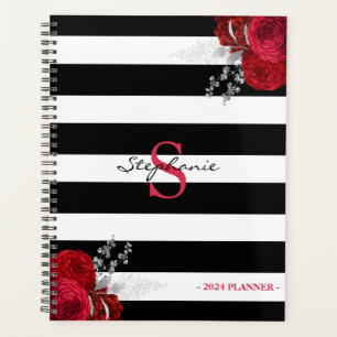 Red Silver Floral Monogram Black Stripes 2024 Planner