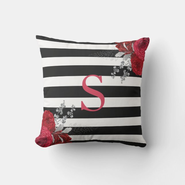Red Silver Floral Monogram Black White Stripes Outdoor Pillow (Front)