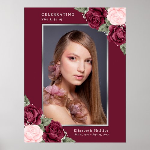 Red Silver Floral Photo Celebration of Life Sign