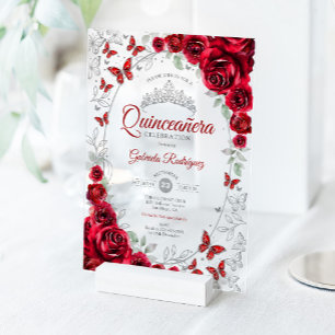Red Silver Floral Quinceanera Acrylic Invitations