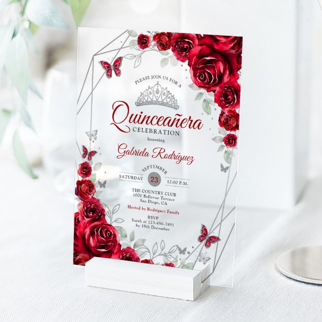 Red Silver Floral Quinceanera Acrylic Invitations (Creator Uploaded)