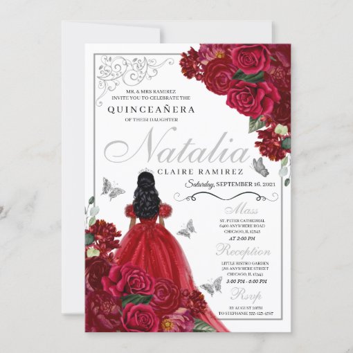 Red & Silver Floral Quinceanera Birthday Invitatio Invitation Zazzle