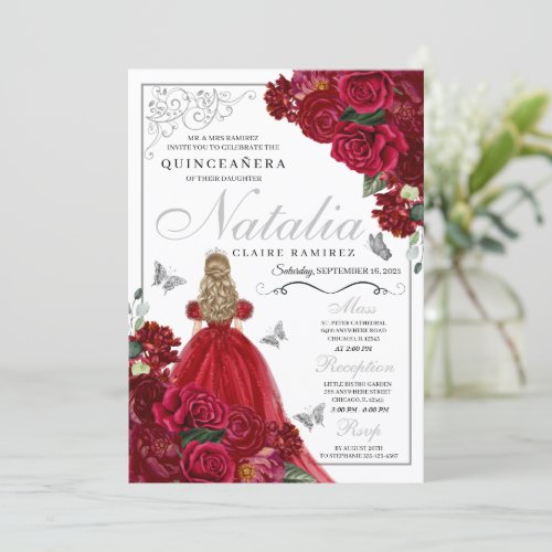 Red  Silver Floral Quinceanera Birthday Invitatio Invitation