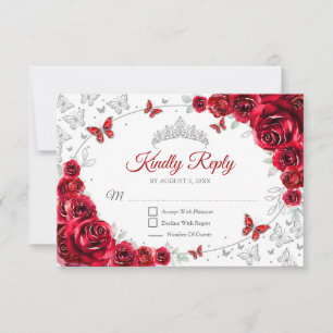 Red Silver Floral Quinceanera Reply RSVP Card