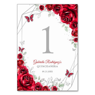 Red Silver Floral Quinceanera Table Number