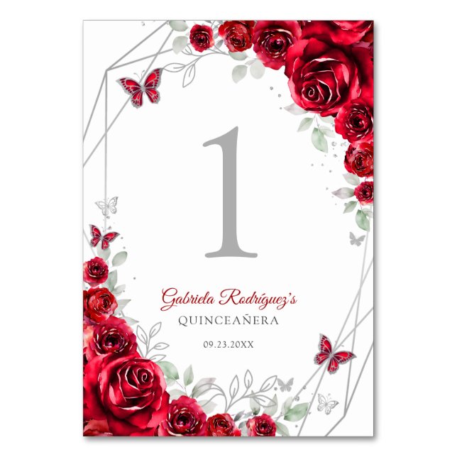 Red Silver Floral Quinceanera Table Number (Front)